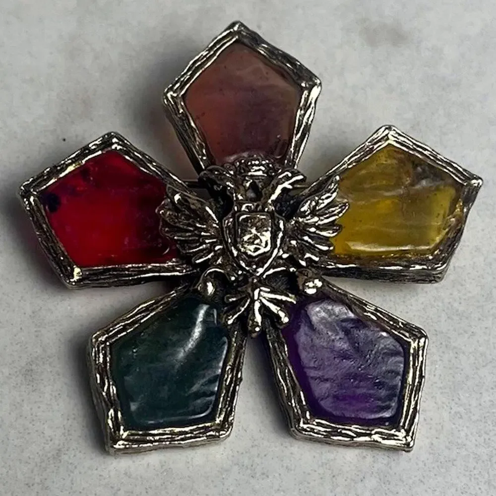 Vintage Coro Venetian Glow Stained Glass Resin Griffin Brooch Heraldic Star
